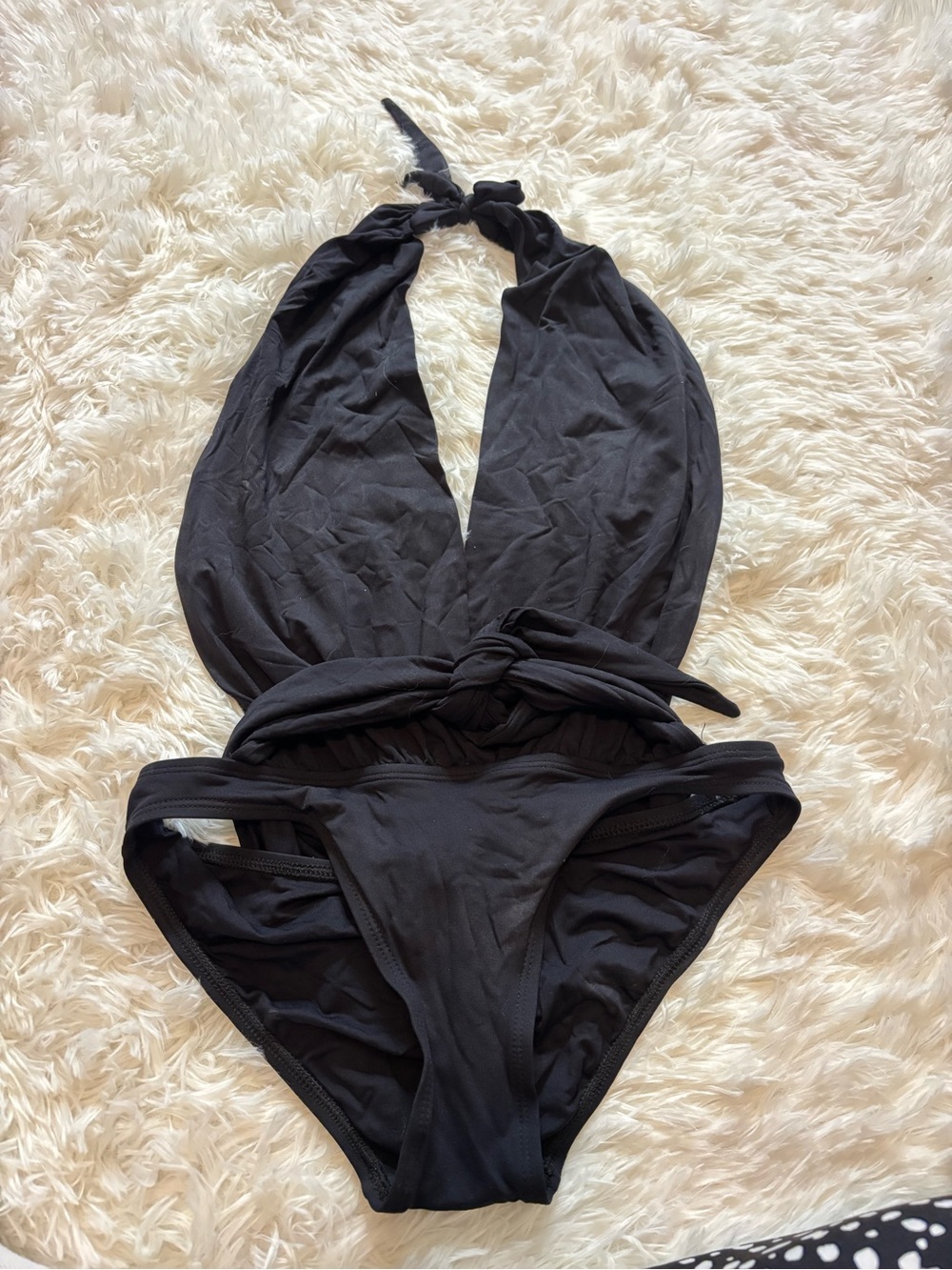 Women’s Carmen Marc Valvo Plunging Black One-Piece Swimsuit with Halter Tie Neck